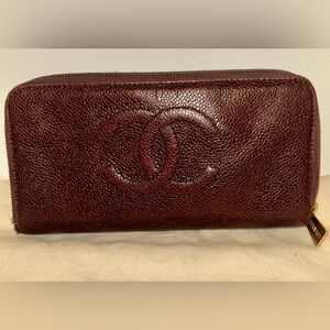 CHANEL Timeless Burgundy Caviar Leather Zip Wallet with Embossed CC